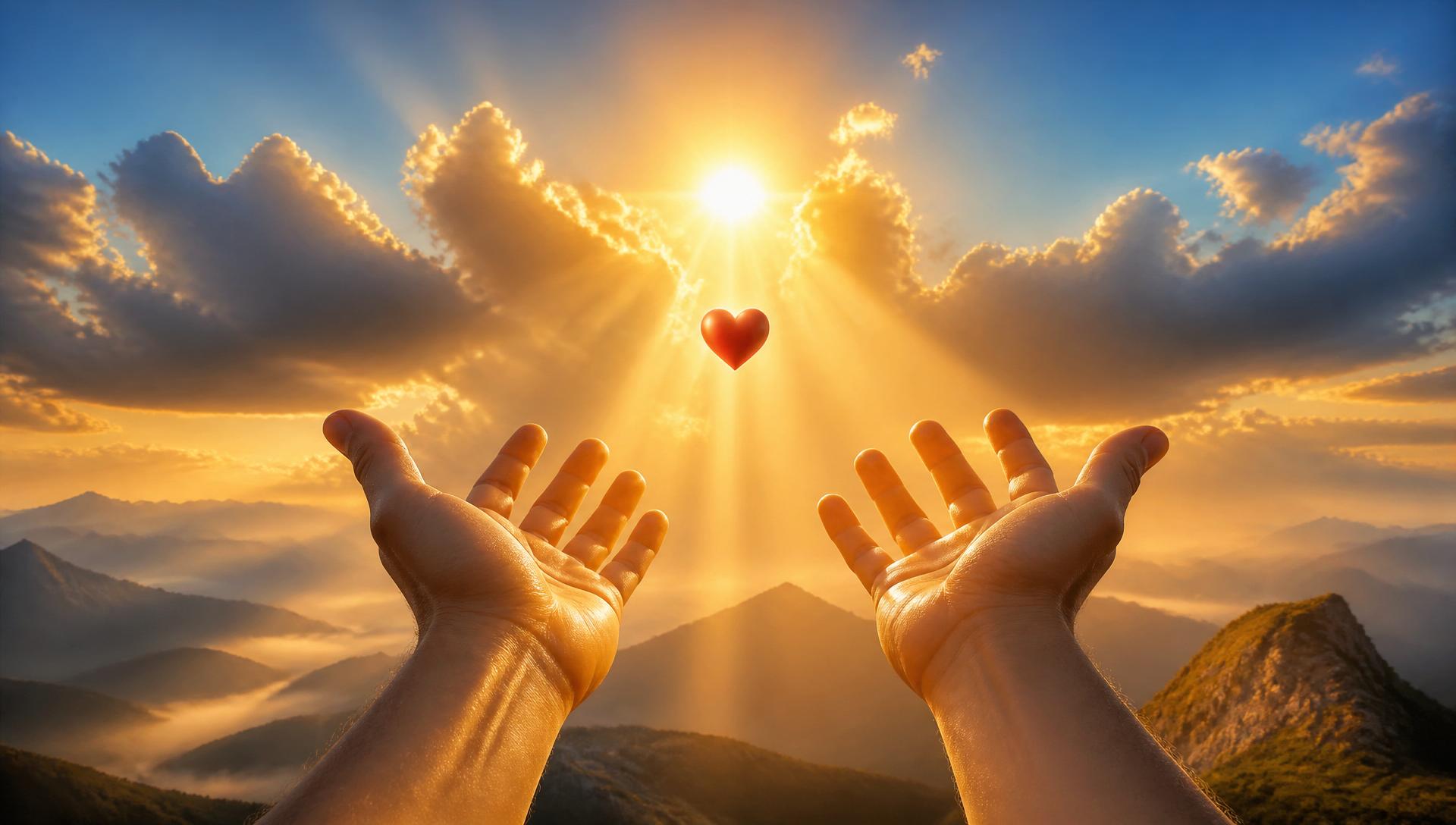 Hands reaching toward golden light above the clouds